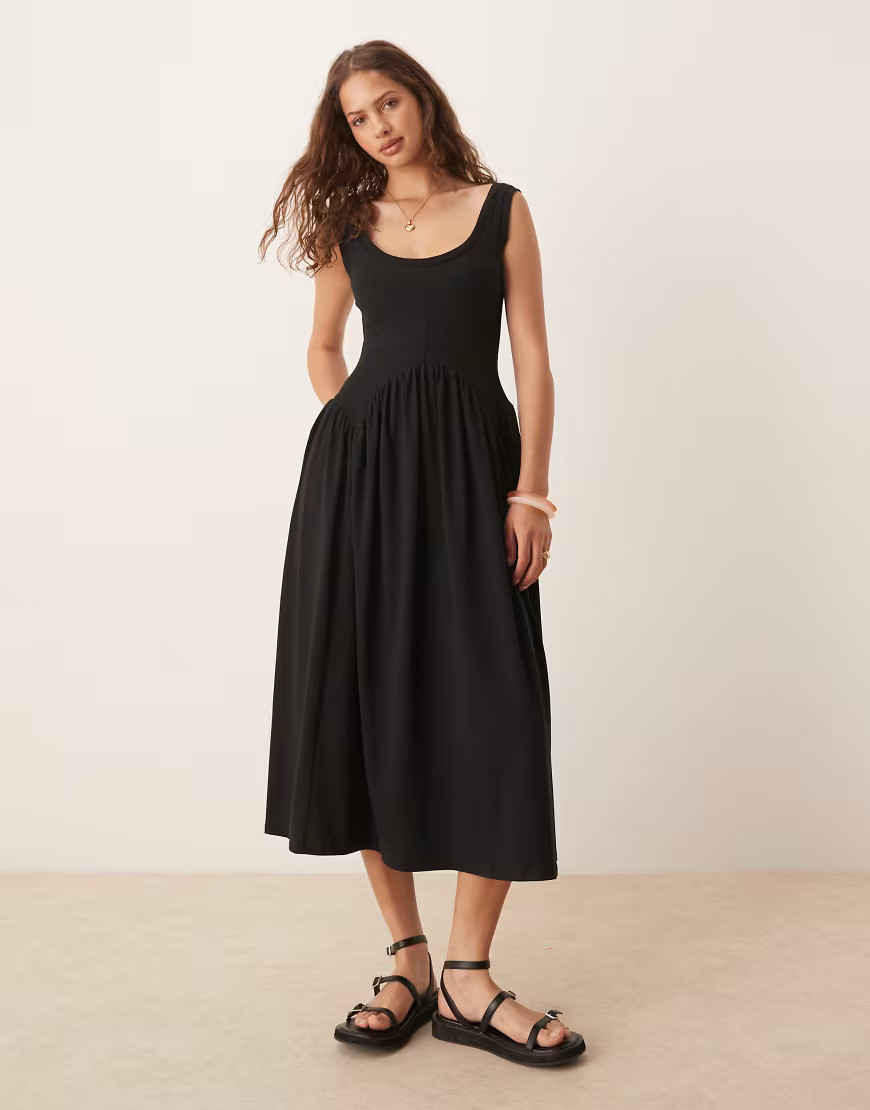 ASOS DESIGN scoop neck seam detailing dropped waist midi dress in black | ASOS (Global)