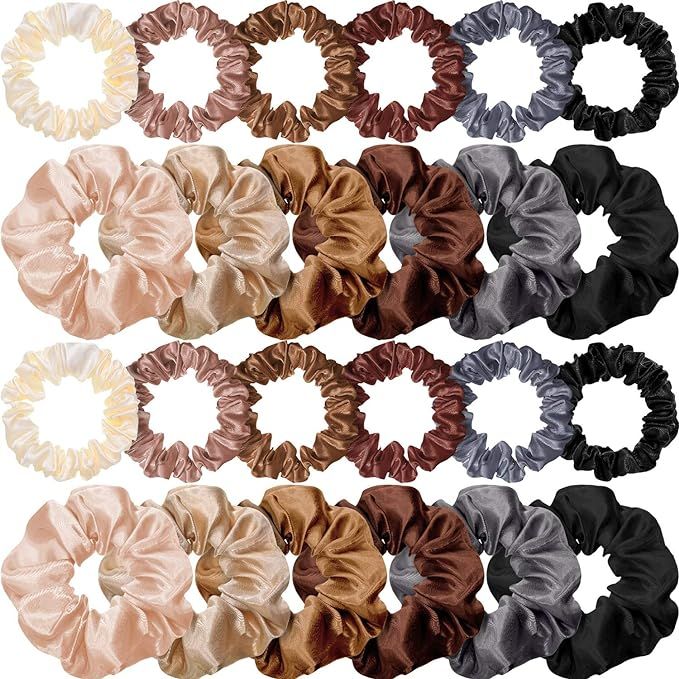 24 Pieces Satin Hair Scrunchies Silk Elastic Hair Bands Skinny Solid Hair Ties Ropes Ponytail Hol... | Amazon (US)