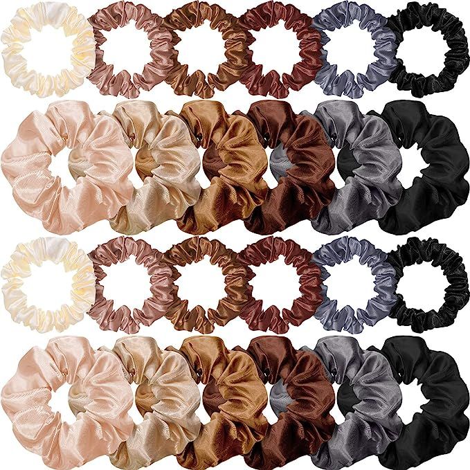 24 Pieces Satin Hair Scrunchies Silk Elastic Hair Bands Skinny Solid Hair Ties Ropes Ponytail Hol... | Amazon (US)