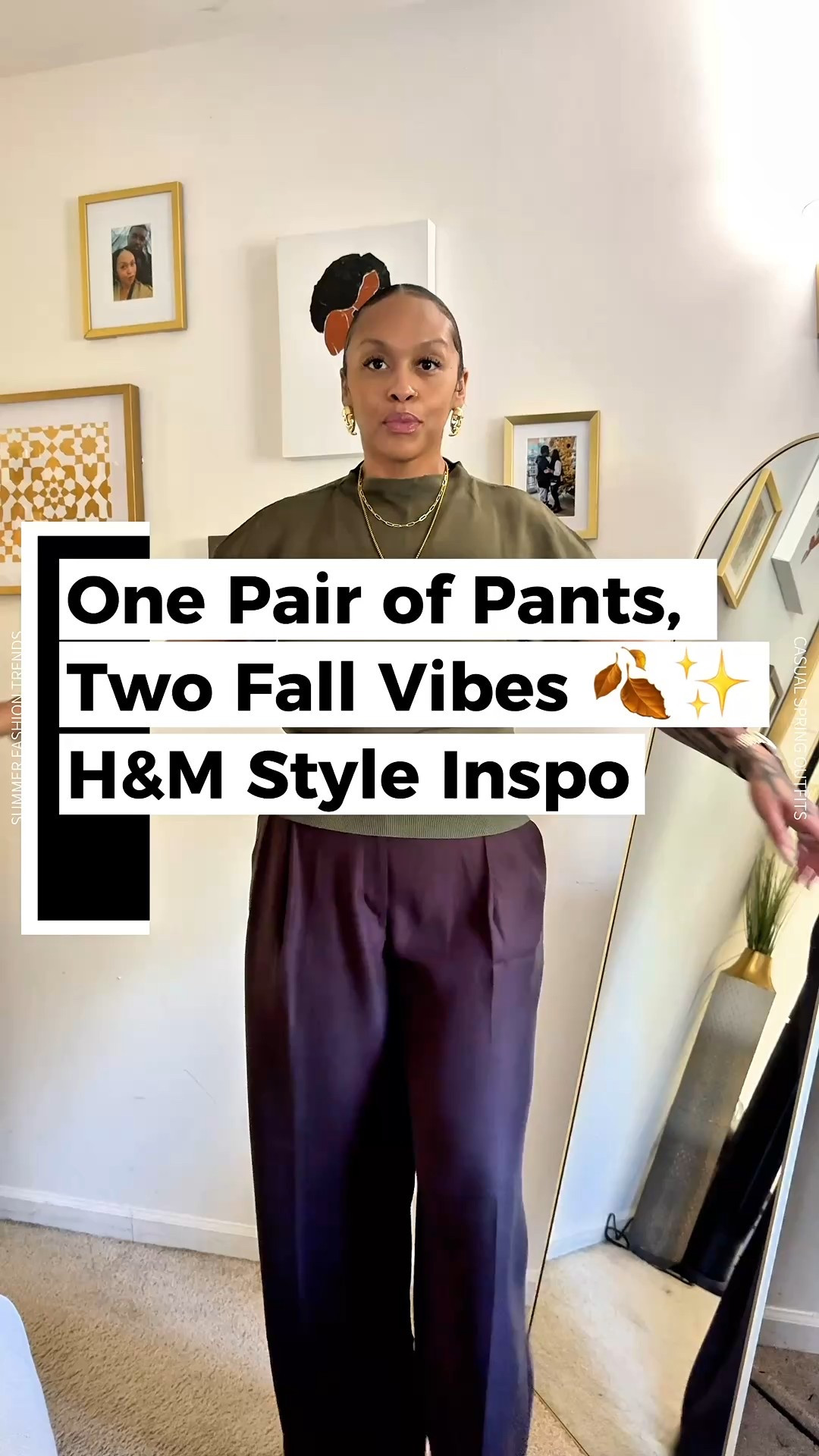 Who says you need a whole new wardrobe for fall? 🍂✨ I took the same pair of wide-leg H&M pants and styled them two different ways—one with a chic neutral top and one with a bold fall olive. Versatility is everything when you’re building outfits that work for busy moms, office days, and date nights. 💼👩🏽‍👧‍👦

For your reference I am 5’6”, 181lbs.

🍂green top- sz. L (H&M
🍂brown wide leg trousers-sz. 12 (H&M)
🍂beige defined waist cardigan- sz. L (H&M)
🍂clutch- (Target)
🍂accessories-Amazon
🍂heels- DSW

#LTKWorkwear #LTKFindsUnder50 #LTKStyleTip