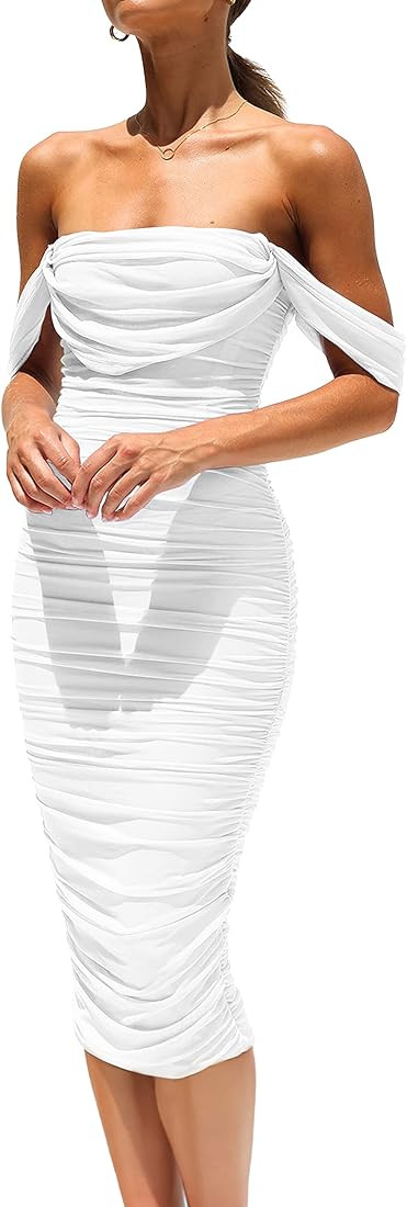 PRETTYGARDEN Women's Summer Off The Shoulder Ruched Bodycon Dresses Sleeveless Fitted Party Club ... | Amazon (US)