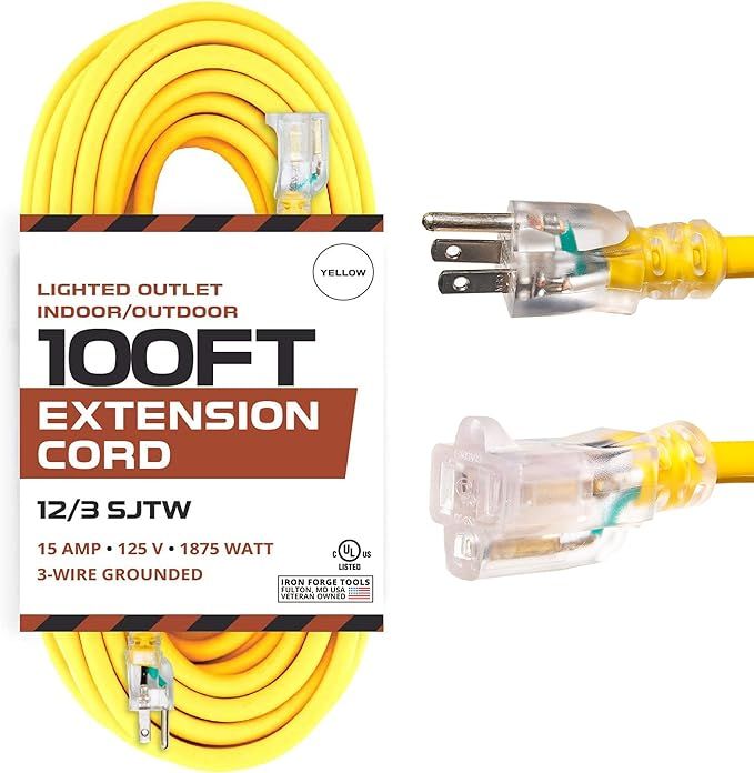 100 Foot Outdoor Extension Cord - 12/3 SJTW Heavy Duty Yellow 3 Prong Extension Cable - Great for... | Amazon (US)