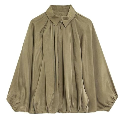 WOWULOVELY Women's Puffed Bomber Jacket Oversized Lapel Collar Streetwear Coat Long Casual Batwing Sleeve Zip Pleated Shirts(Green-S) | Amazon (US)