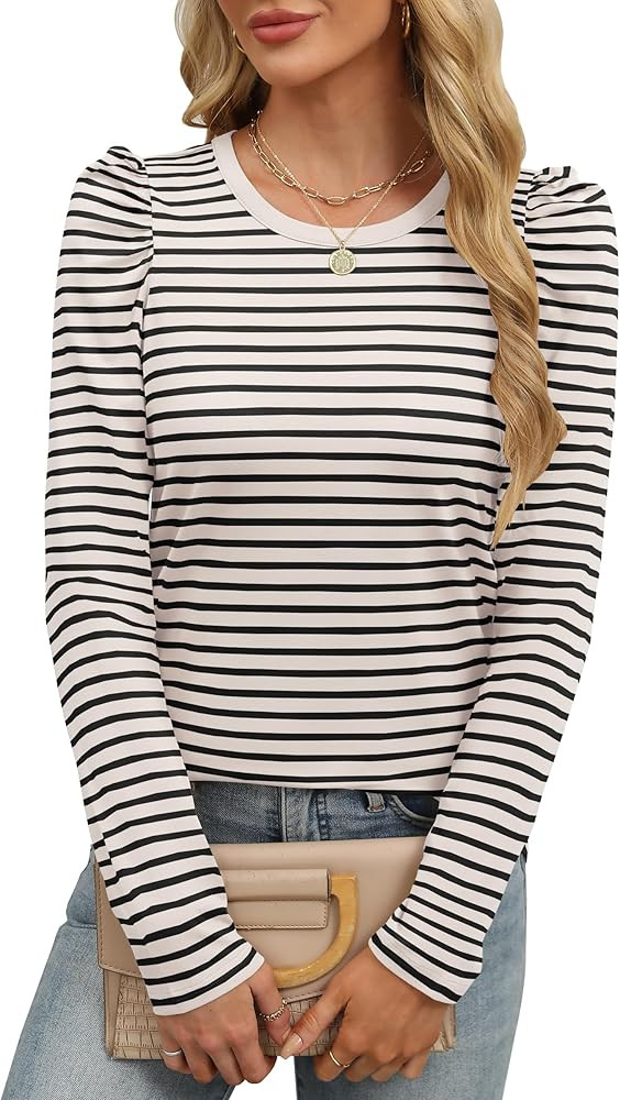 ANRABESS Womens Puff Long Sleeve Shirts Crewneck Fall Tops Basic Dressy Casual Blouses 2025 Trend... | Amazon (US)