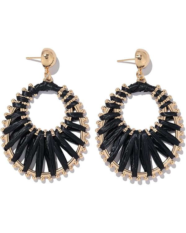 Gold Raffia Earrings Boho Summer Beach Jewelry Trendy Statement Dangle Drop Earrings for Women | Amazon (US)