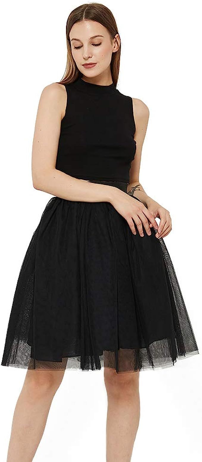 WEISIPU Women's 6 Layer Short A Line Elastic Waistband Tutu Tulle Prom Princess Midi Dance Skirt ... | Amazon (US)