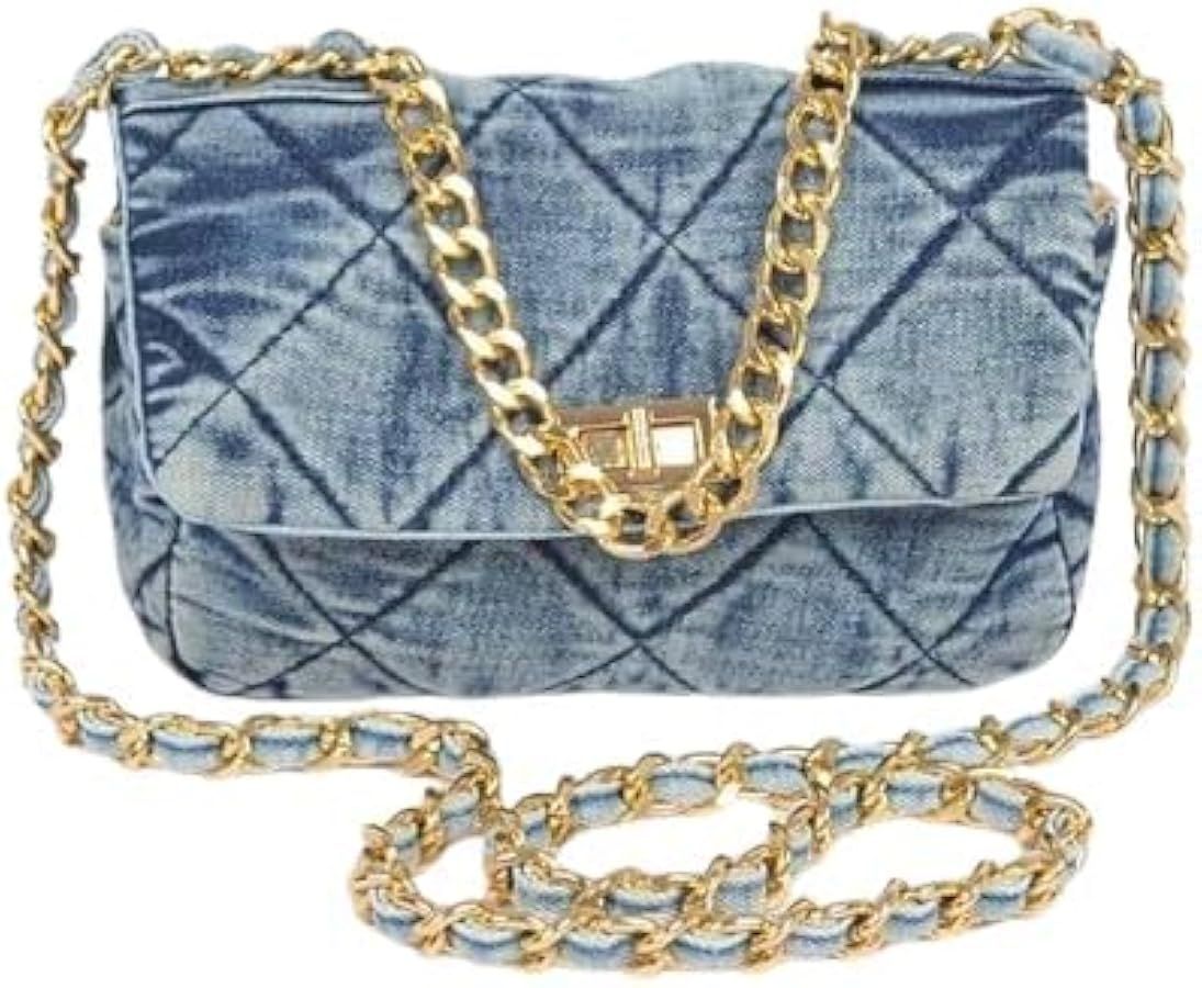 Diona J Quilted Washed Denim Jean Flap Chain Shoulder Bag Clutch | Amazon (US)