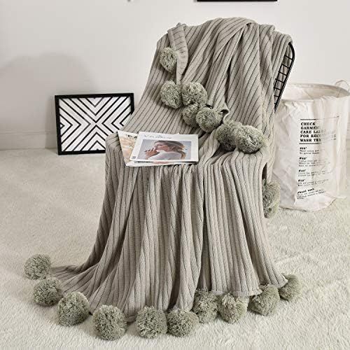Fomoom Pom Pom Throw Blanket, Knit Throw Blanket with Pompom Tassels, Decorative Cotton Blanket for  | Amazon (US)