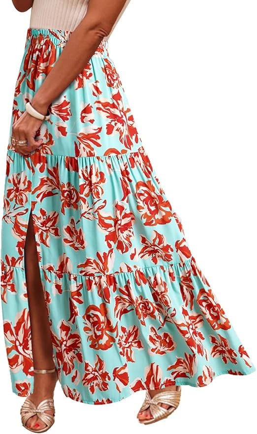 Happy Sailed Summer Skirts for Women Floral Print High Waist Flowy Split A Line Boho Maxi Skirt w... | Amazon (US)