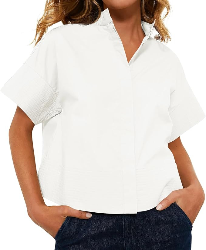 Amazon.com: Cicy Bell Womens Cropped Short Sleeve Button Down Shirts Pleated Summer Dressy Casual... | Amazon (US)