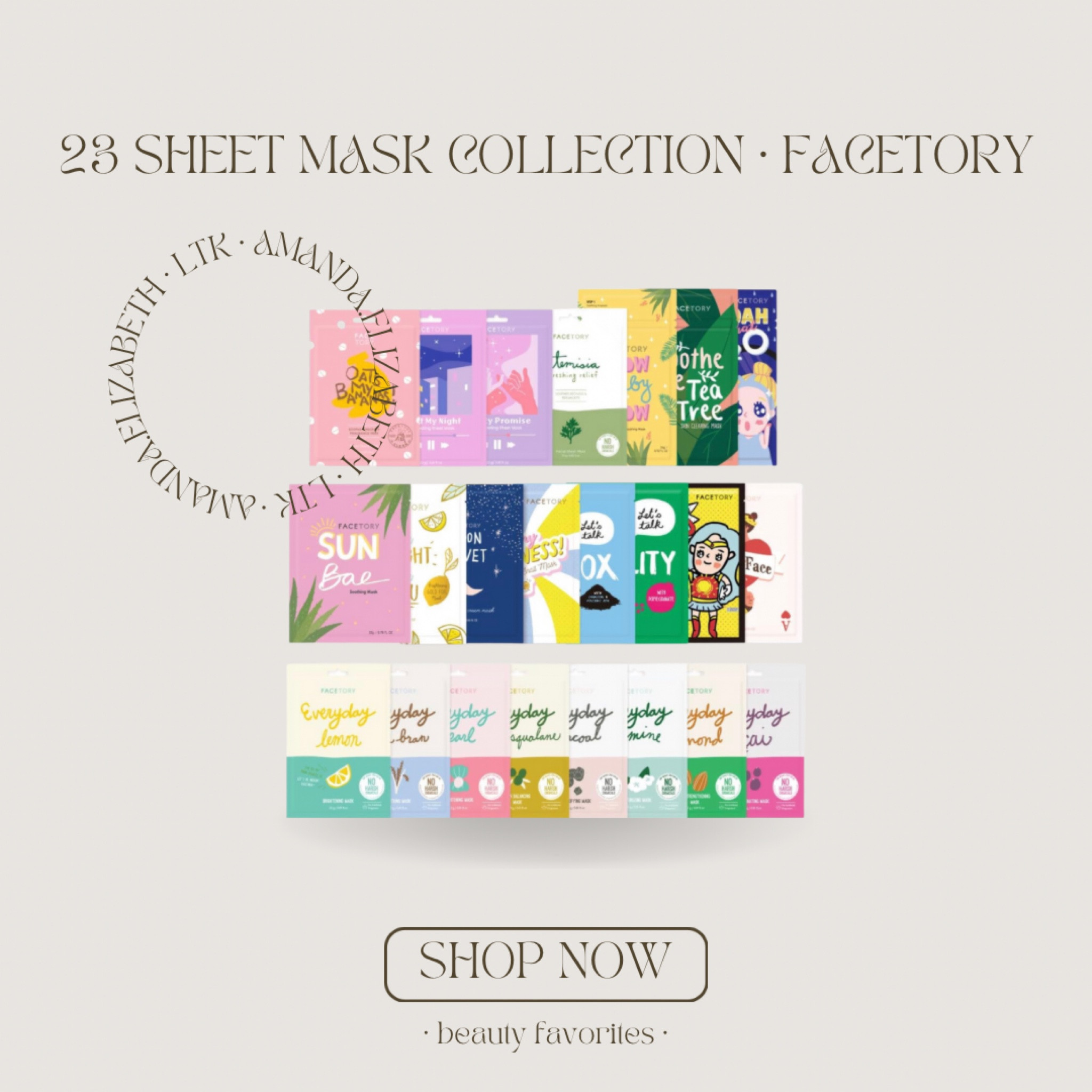 sheet mask collections by facetory!! 
✨ALL SKIN TYPES - each mask focuses on a different skin concern to help boost radiance and support the skin. Masks are gentle enough to be used everyday, for hydrated and glowy skin. Contains 23 facial sheet masks.
💦CONCENTRATED ESSENCE with quality ingredients like Oats Extract, Charcoal, and Royal Jelly to hydrate, soothe, purify, and improve dullness of the skin.
💖 SELF-CARE MUST HAVE to pamper your skin and relax! There's no better way than to wind down at the end of a long day with a sheet mask! It's cooling material and nourishig essence can help you destress, all while taking care of your skin!
✔ BENEFITS: Each mask has their own specific benefit like, improving skin HYDRATION, CALMING acne and redness flare-ups, MOISTURIZING dry and dehydrated skin, SOOTHING skin irritations, SMOOTHING uneven skin tone and texture; leaving skin SOFT and SMOOTH
💕 CRUELTY-FREE, TESTED AND LOVED - Our products are not tested on animals. Products are made in Korea.👌 products are carefully tested and researched by our team. We make sure we love the formula before we share it with our customers. All products are forumulated with quality ingredients and does not contain any harsh ingredients

#LTKFind #LTKbeauty #LTKSale