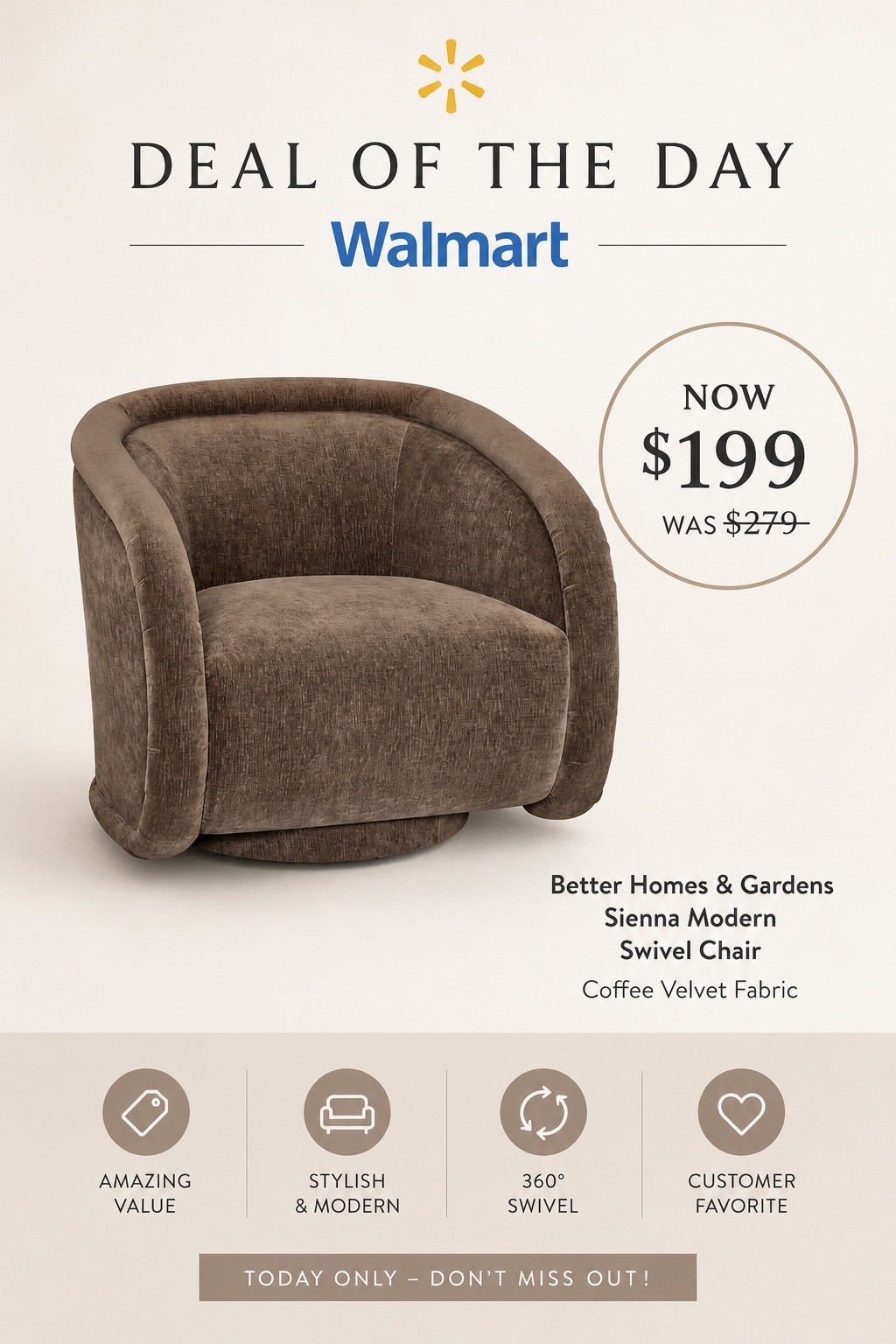 Coffee Velvet Swivel Chair You’ll Want in Every Room

This coffee velvet swivel chair looks so much more expensive than it is. The sculptural curved silhouette, cozy velvet upholstery, and smooth 360° swivel make it perfect for a living room, bedroom, reading nook, or home office. If you’re looking for designer-inspired furniture on a budget, this Better Homes & Gardens find is one of the best Walmart deals I’ve seen. It’s a timeless neutral piece that adds warmth and texture to any space while keeping a modern organic look. Save this one before it’s gone!

#LTKHome #LTKSaleAlert