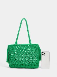 Tassel Decor Crochet Detail Shoulder Tote Bag | SHEIN