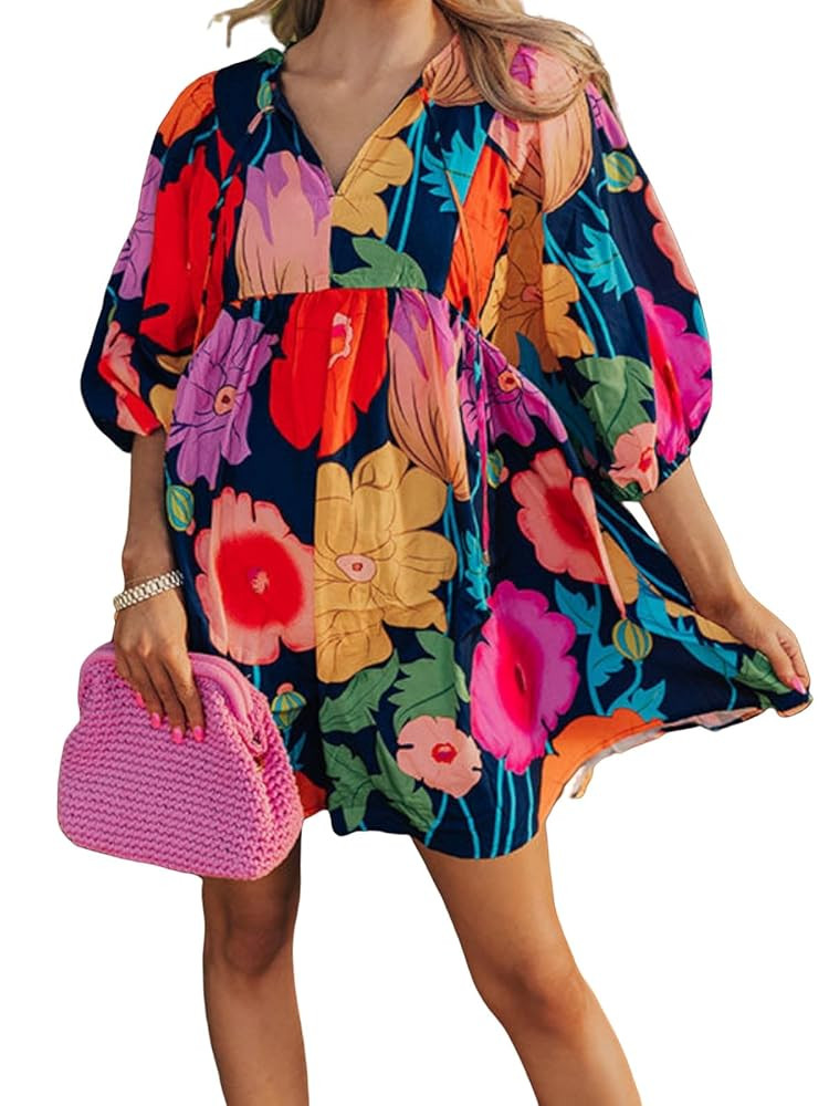 Womens Floral Print Dress Casual V Neck Tassel Tie Half Sleeve Summer Mini Dress | Amazon (US)