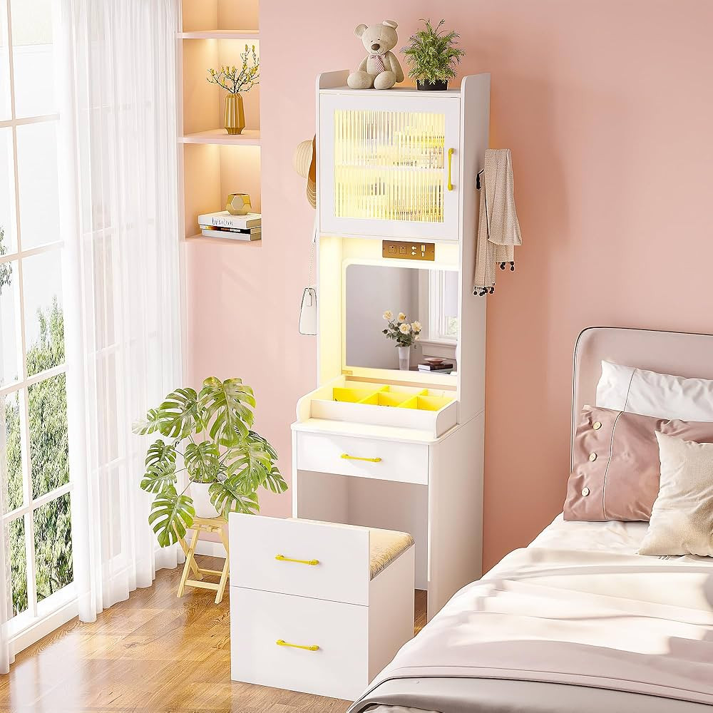 3 in 1 Vanity Desk with Human Sensor LED Light,Tall Makeup Vanity Set with 2 AC Outlets & USB-C,M... | Amazon (US)