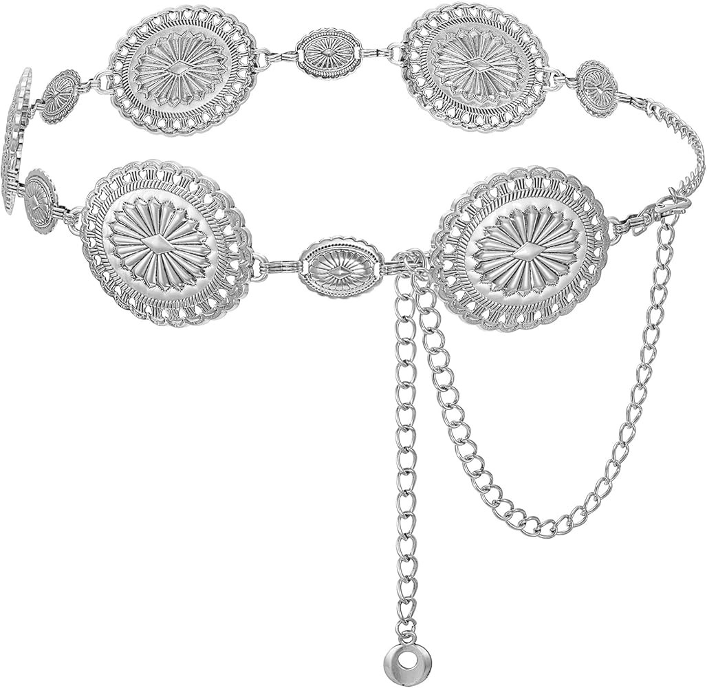 XZQTIVE Western Concho Chain Belts for Women Cowgirl Silver/Gold Metal Waist Belt for Dresses Jea... | Amazon (US)