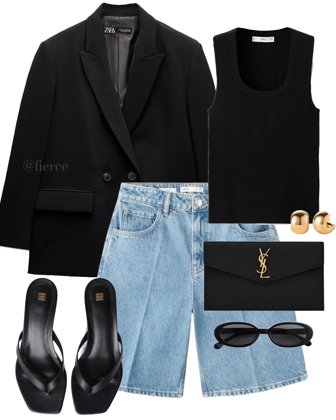 Black blazer Bermuda denim shorts black knitted top black thong heeled sandals Ysl envelope clutch bag chic outfit date night evening dinner

#LTKuk #LTKsummer #LTKeurope