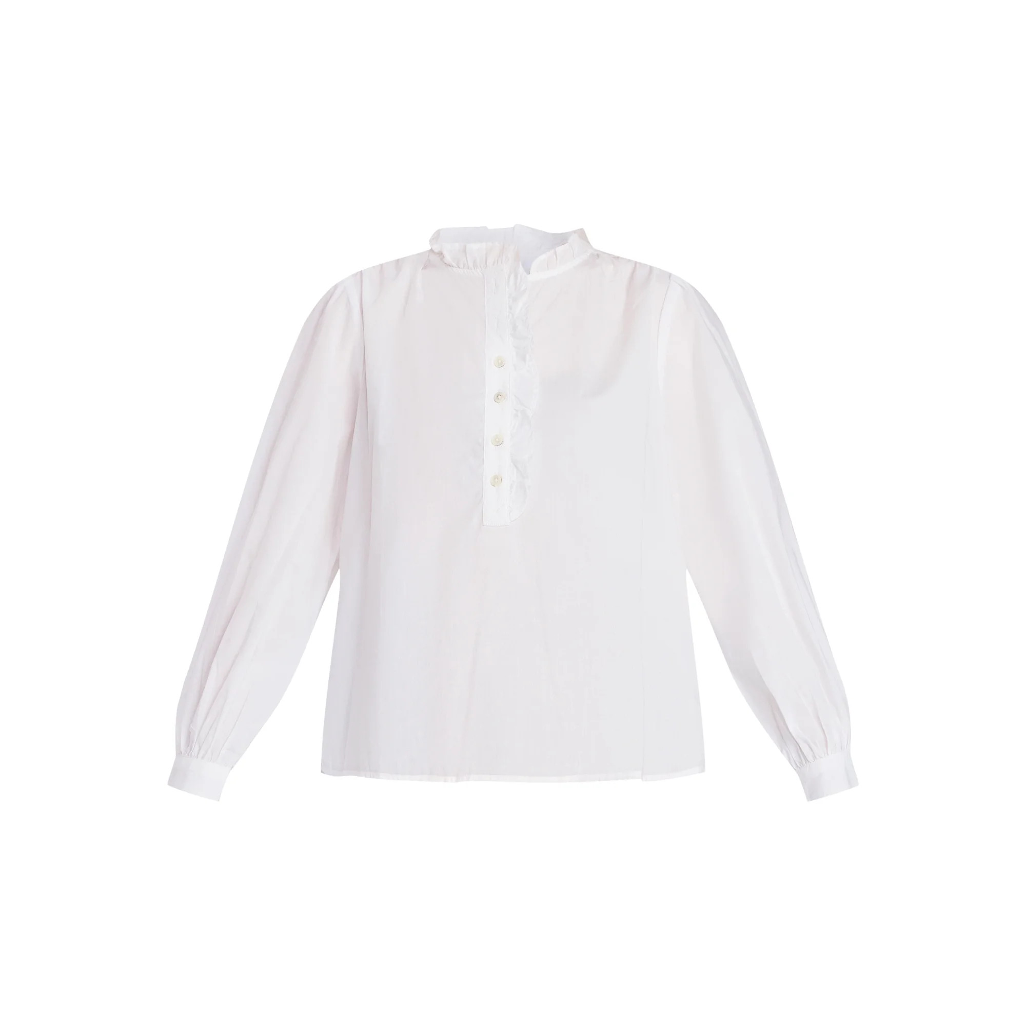 Time and Tru Women's Ruffle Neck Button Front Cotton Shirt with Long Sleeves, Sizes XS-XXXL | Walmart (US)