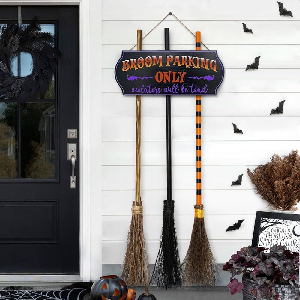 Halloween Decorations - Halloween Decor - Broom Parking Sign with 3 Wooden Witches Brooms - Hocus... | Amazon (US)