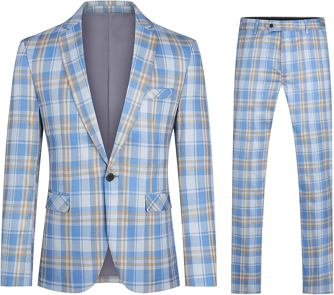 YFFUSHI Mens Slim Fit Suits 2 Piece Plaid Button Casual Formal Blazer Pants Set | Amazon (US)