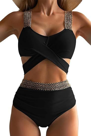 Eomenie Women Two Piece Cross Wrap Bathing Suit Tie Back, High Waist Tummy Control Swimsuit 2 Pie... | Amazon (US)