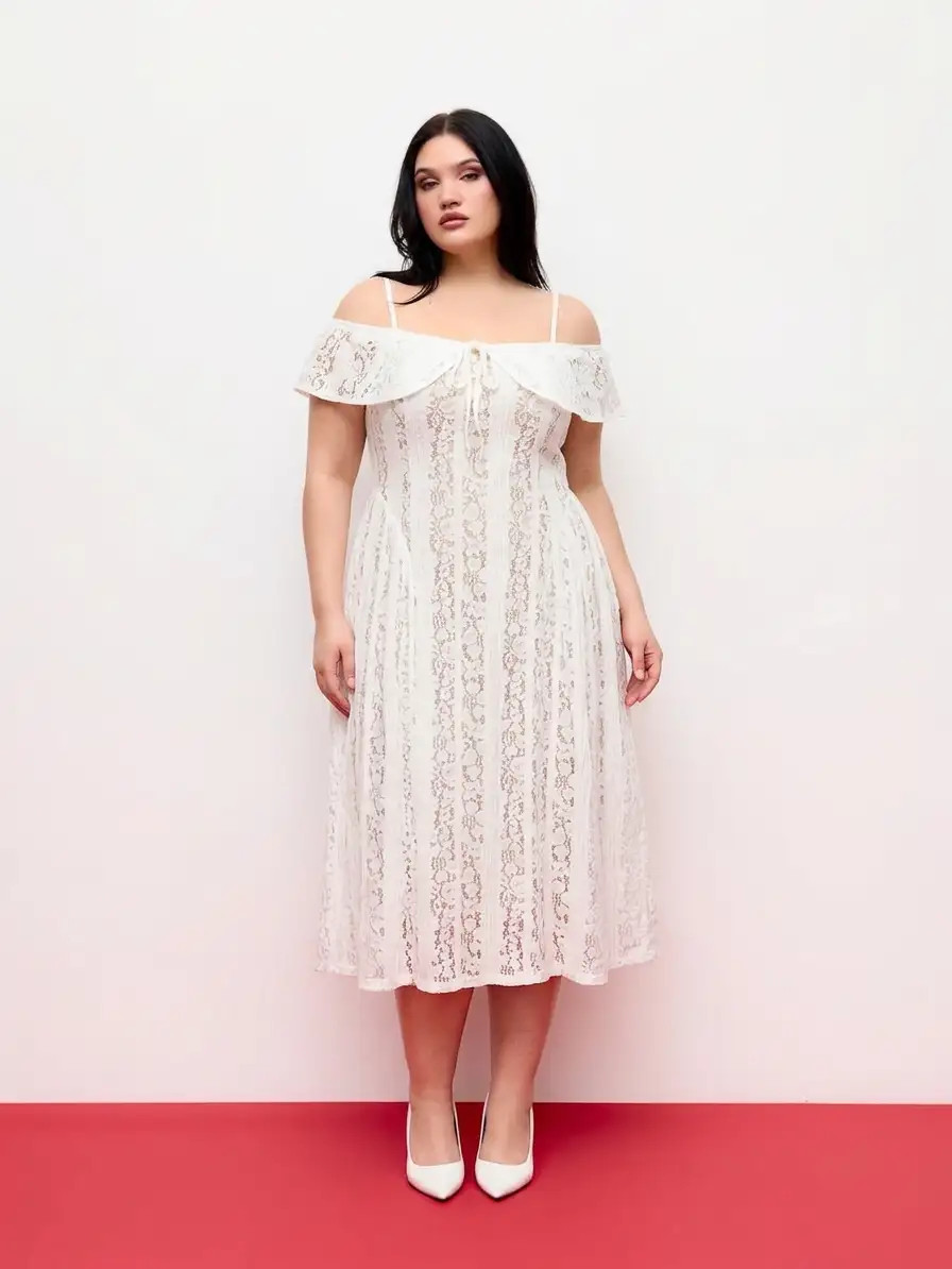 Lace Lace Off-Shoulder Knotted Flared Maxi Dress Curve & Plus For Daily Casual Vacation | Cider