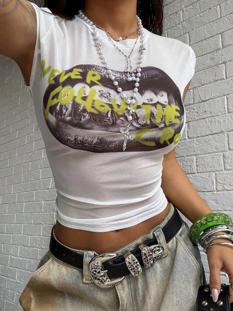 Mesh white graphic tee | SHEIN