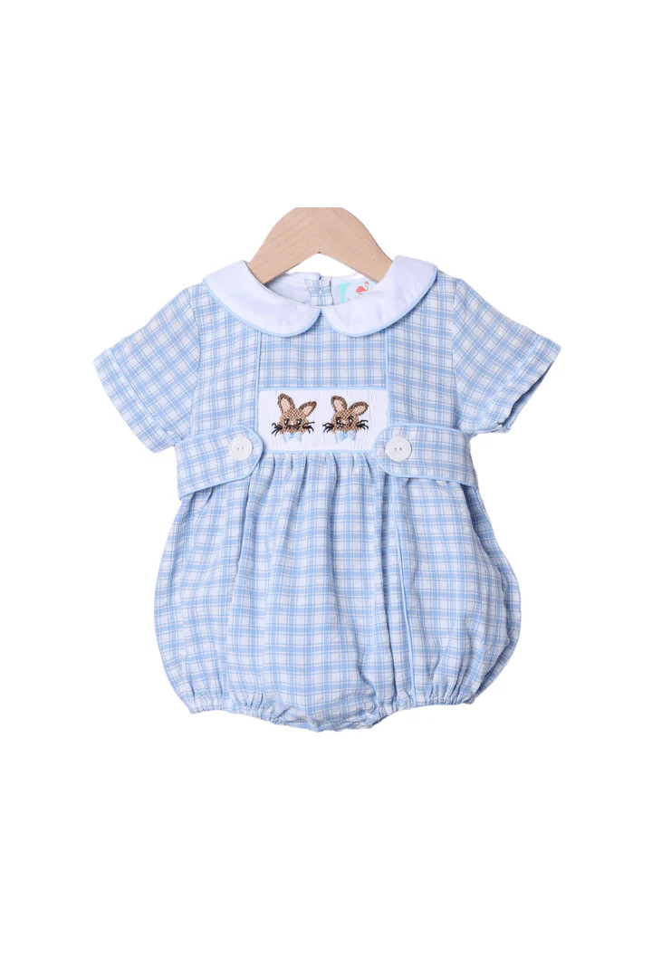 Smocked Bow Tie Bunny Blue Seersucker Bubble | The Smocked Flamingo