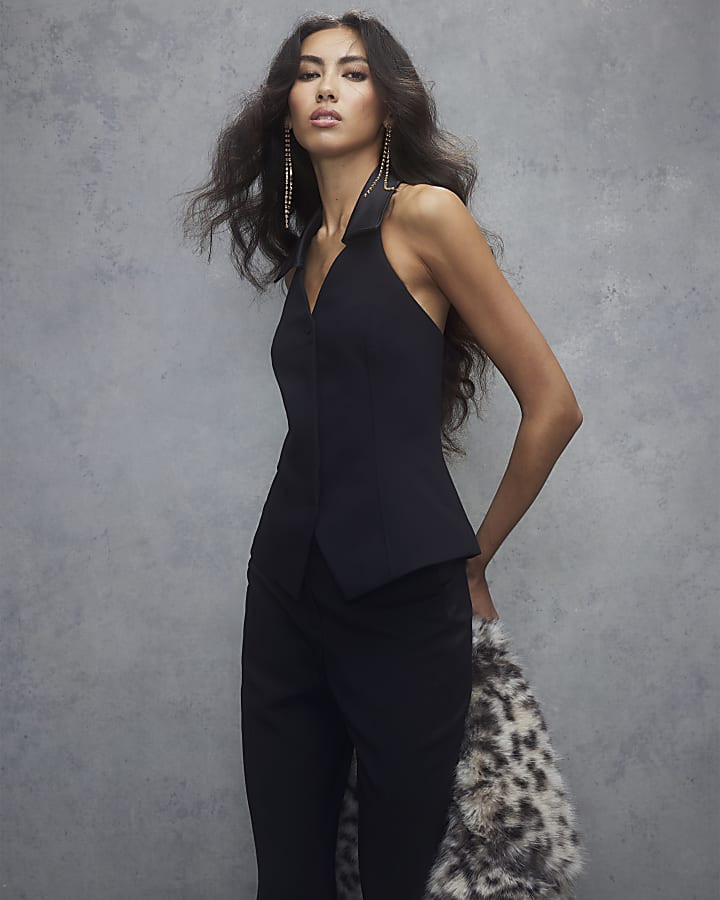 Black Halter Neck Tuxedo Top | River Island UK & IE