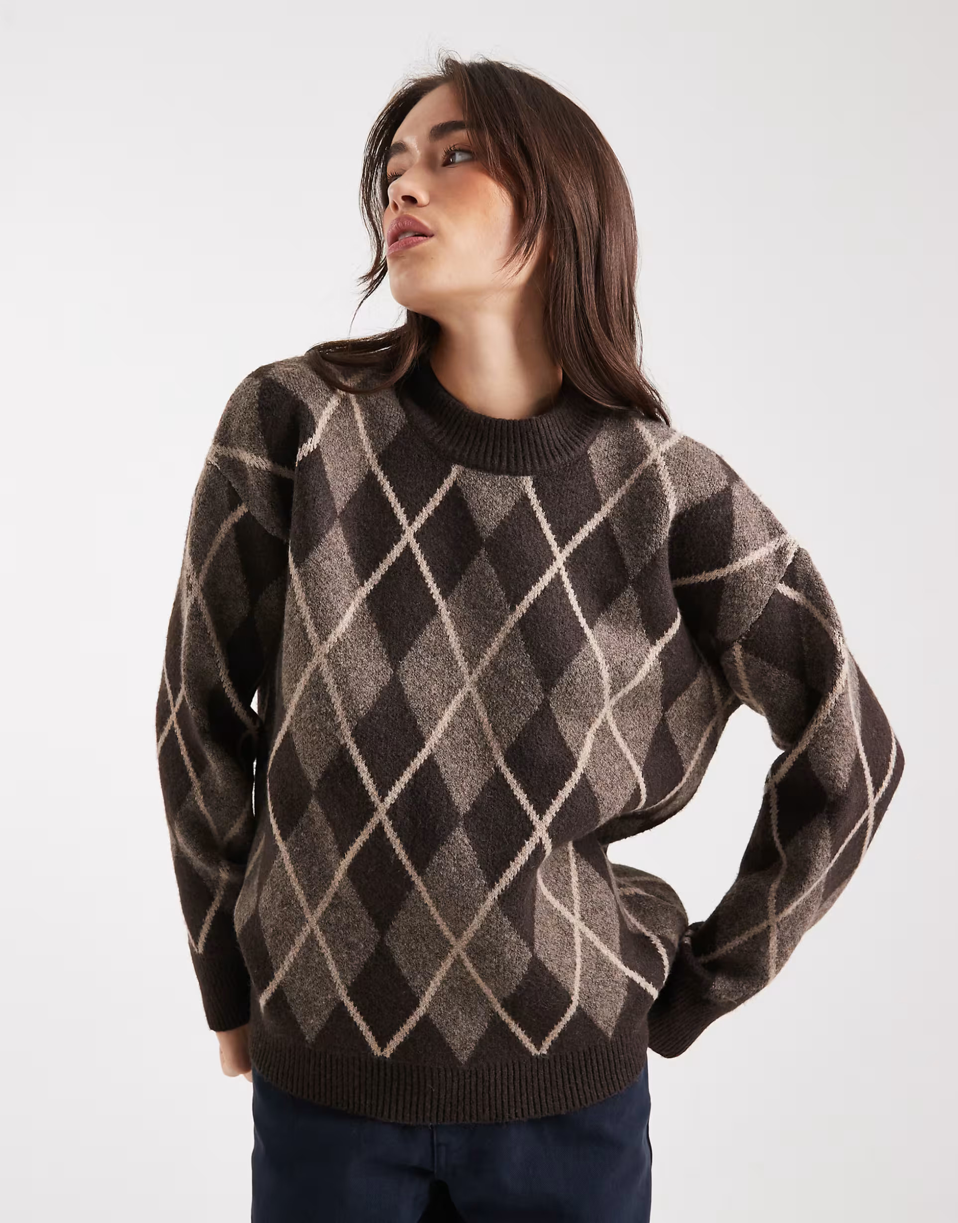 Threadbare crew neck jumper in brown argyle | ASOS (Global)