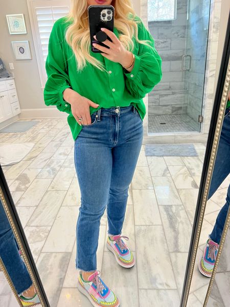 Green top. Tuckernuck blouse size XS. Under $100. Chloe sneakers. Dolce vita dupe sneakers. March looks. St Patrick’s Day 

#LTKshoecrush #LTKSeasonal #LTKunder100