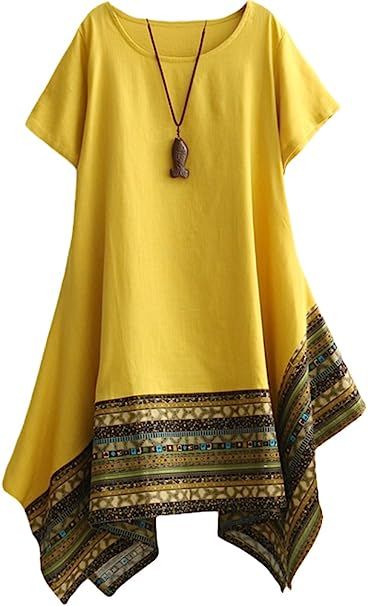 Minibee Women's Ethnic Cotton Linen Short/Long Sleeves Irregular Dress | Amazon (US)