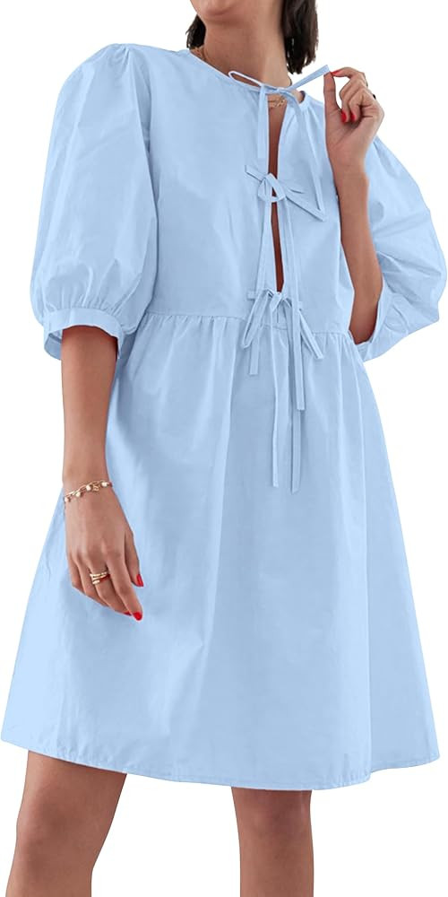 Women's Summer Dresses Tie Up Puff Sleeve Midi Dress Crew Neck Loose Fit Casual Y2K Beach Party D... | Amazon (US)