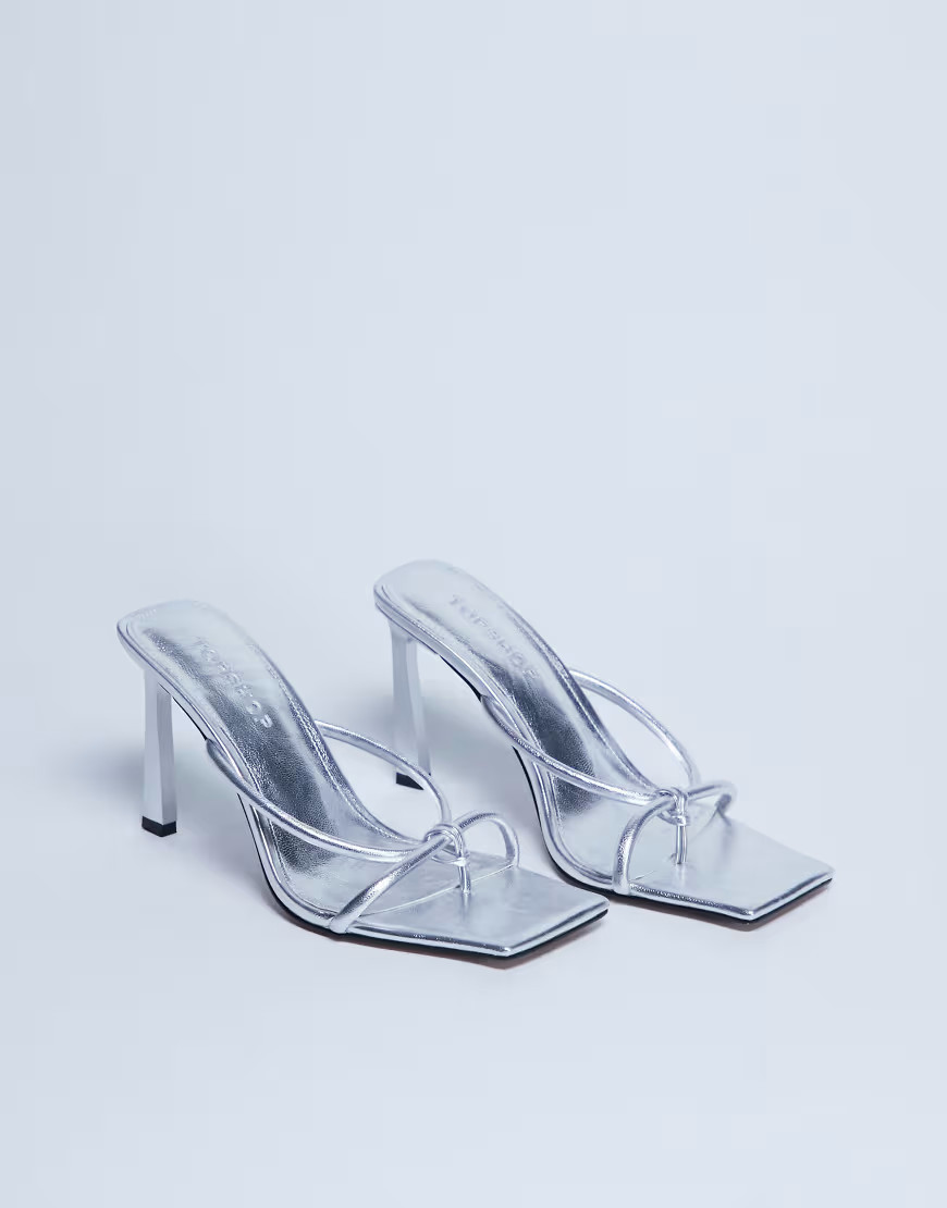 Topshop Flora strappy toe loop high heel in silver | Topshop