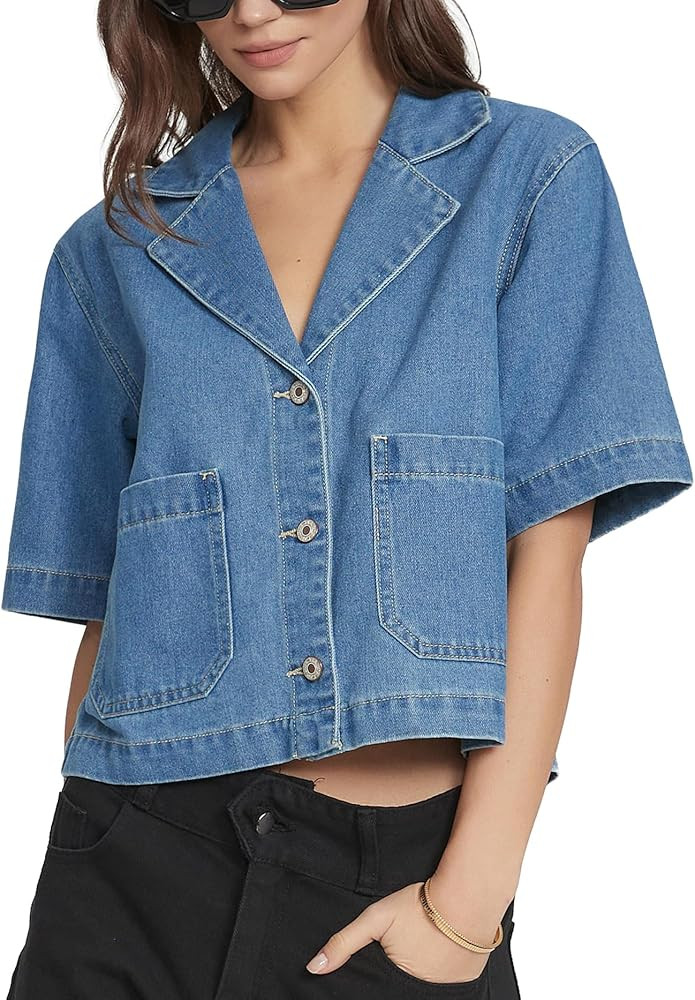 Kedera Women's Short Sleeve Denim Jacket Cropped Boxy Button Front Jean Shirt Jacket Lightweight ... | Amazon (US)