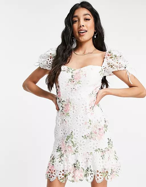 Love Triangle floral lace mini dress with puff sleeves in pink and white | ASOS (Global)