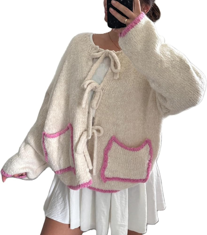 KMBANGI Women Bow Tie Front Cardigans Oversized Open Front Cute Sweater Coats Y2k Lantern Sleeve ... | Amazon (US)
