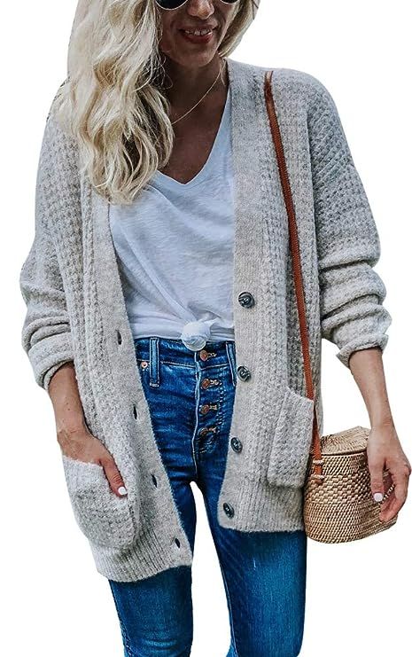 Women's Long Sleeve Twist Knit Cardigans Button Down Cable Sweater Coat Patch Pockets | Amazon (US)