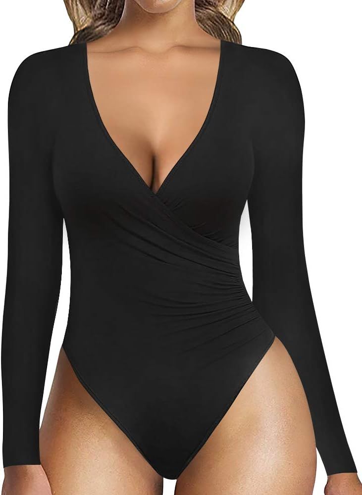 Women's Surplice Ruched Plunge Neck Deep-V Short Sleeve/Long Sleeve Bodysuit Jumpsuits | Amazon (US)