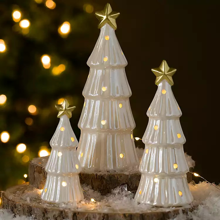 LED White Iridescent Ceramic Trees, Set of 3 | Kirklands Home | Kirklands