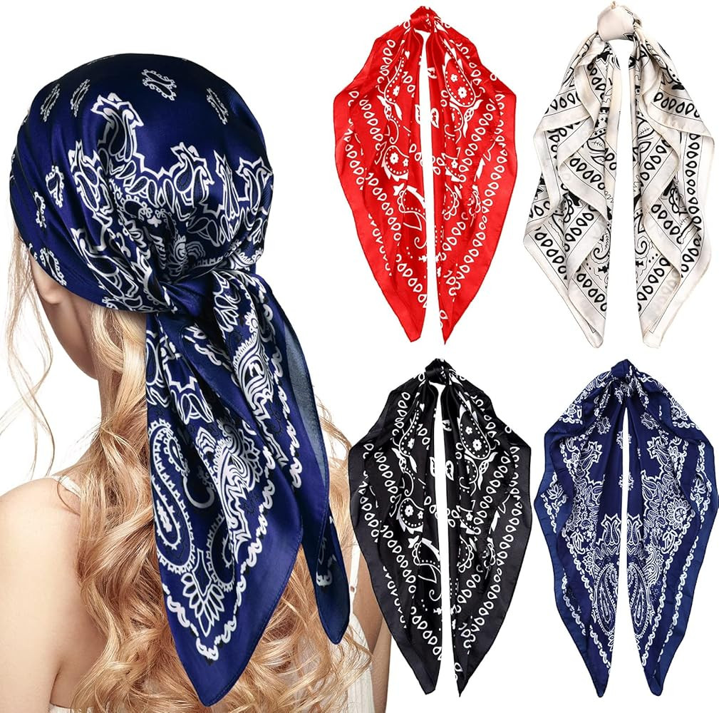 Syhood 4 Pcs 27'' Square Satin Head Scarves Satin Bandanas for Women Satin Headband Scarves Silk ... | Amazon (US)
