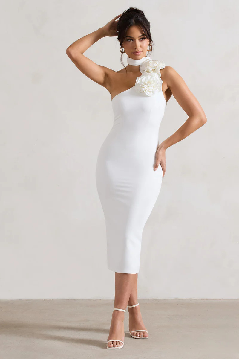 The Soiree | White Bodycon Midi Dress With Ruffled Choker | Club L London AU