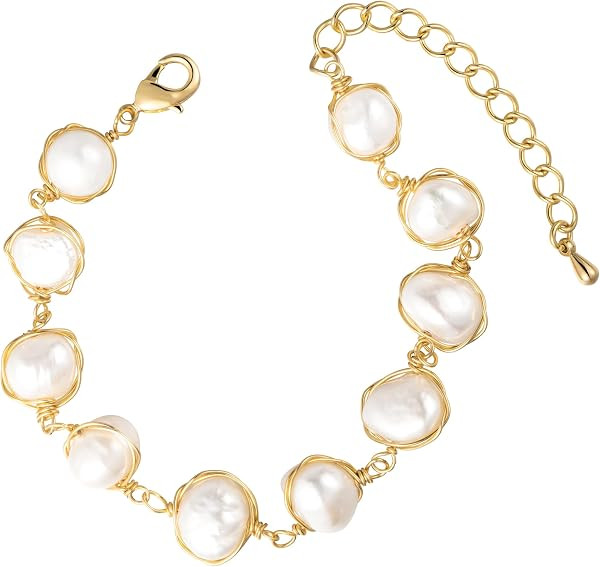 Pearl Bracelet Baroque Cultured Pearl Link, 14K Gold Plated Beaded Link Chain Charm Bracelets for... | Amazon (US)