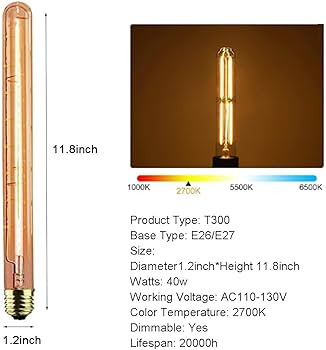 GOENDR T300 Long Light Bulb, E26 Base Amber Vintage Edison Bulb, Dimmable Tubular Unique Decorati... | Amazon (US)