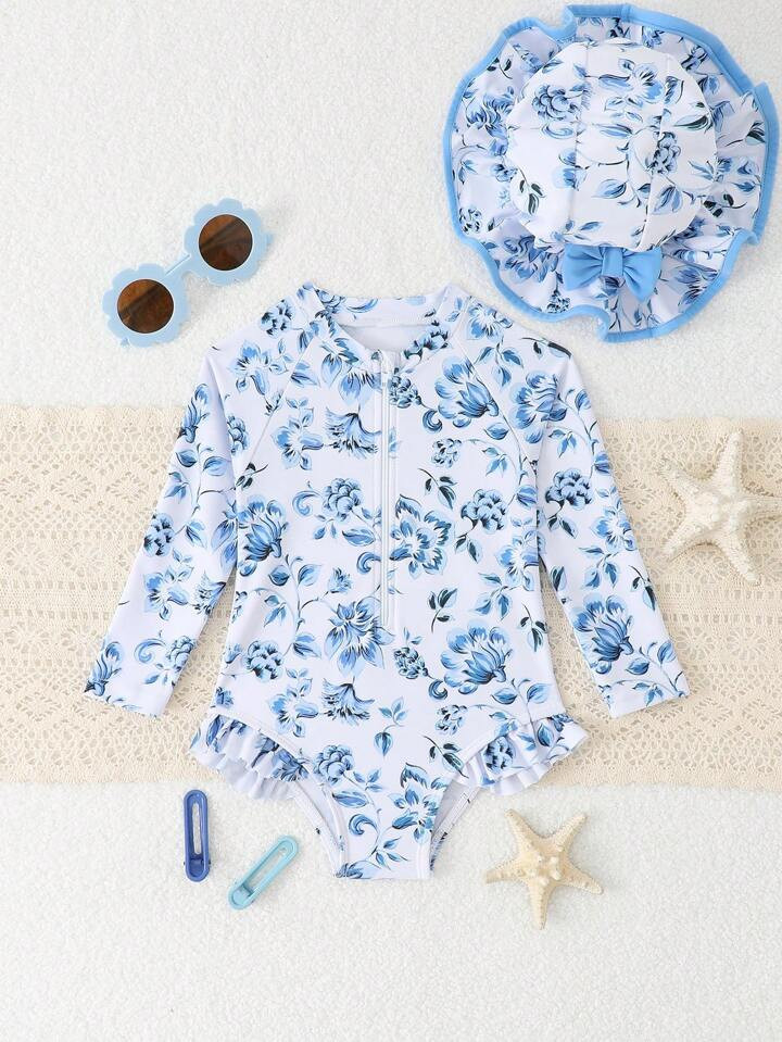 Baby Girl Floral Print Ruffled One-Piece Swimsuit, Summer Holiday Beach | SHEIN