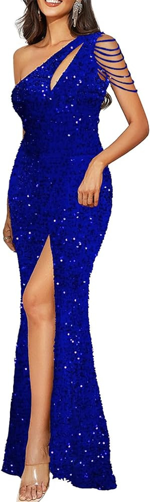 Cololura Women Sequin Elegant Sexy One Shoulder Tassel Mermaid Bodycon Cocktail Evening Dress | Amazon (US)