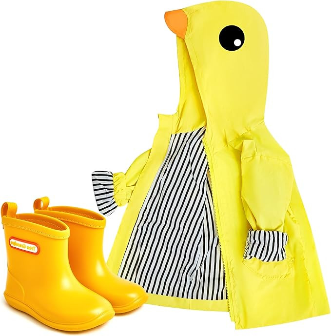 2 Pcs Toddler Raincoat Rain Boots Set Kids Girls Duck Cartoon Zipper Jacket Short Rain Shoes for ... | Amazon (US)
