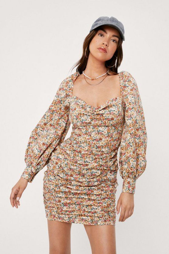 Floral Balloon Sleeve Ruched Mini Dress | Nasty Gal (US)