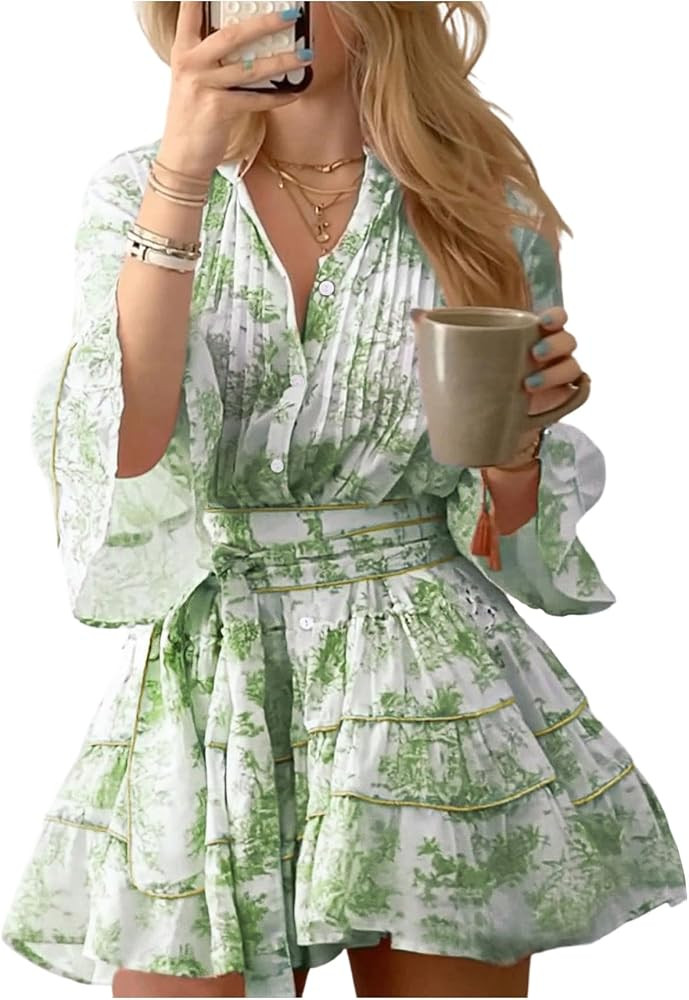 SOLY HUX Women's Floral Ruffle Mini Dress V Neck 3/4 Sleeve Flowy Boho Vacation Dresses | Amazon (US)