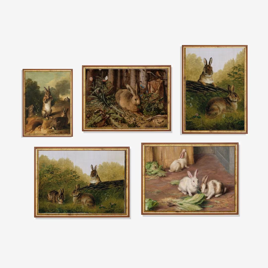 Bunnie Prints Gallery Art Set of 5 Vintage Gallery Set Antique Animal Prints Fine Art Landscapes ... | Etsy (US)